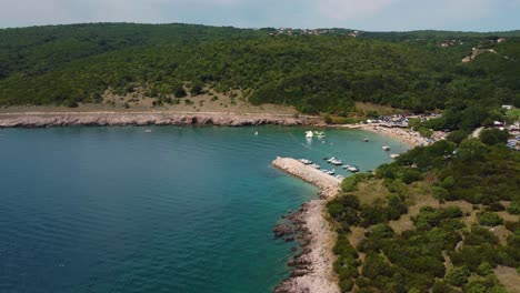 Aerial-view-of-Risika-Beach-and-marina-on-Krk-island-in-the-Mediterranean-Sea