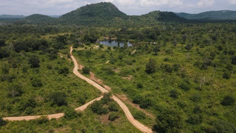 Beautiful-aerial-drone-shot-over-Hurulu-Eco-Park,-Sri-Lanka-at-daytime