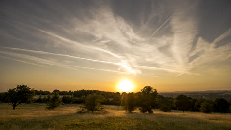 wide-shot-of-a-lush-meadow-with-people-walking-their-dogs-,-with-plane-trails-with-a-stunning-sunset