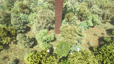 A-large-wooden-cross-standing-in-the-middle-of-a-forest,-with-trees,-bushes,-grass,-flowers-all-around-it,-and-seagulls-flying-above-it,-3D-animation-with-camera-dolly-up-looking-down