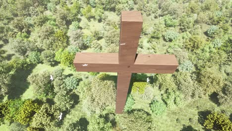 A-large-wooden-cross-standing-in-the-middle-of-a-forest,-with-trees,-bushes,-grass,-flowers-all-around-it,-and-seagulls-flying-above-it,-3D-animation-with-camera-moving-around-it