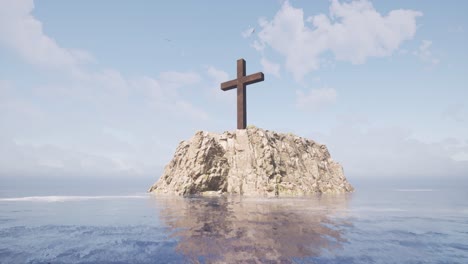 A-large-wooden-cross-standing-upon-a-large-cliff-in-the-middle-of-the-sea,-with-seagulls-flying-above-it,-3D-animation-with-camera-dolly-forward-and-up