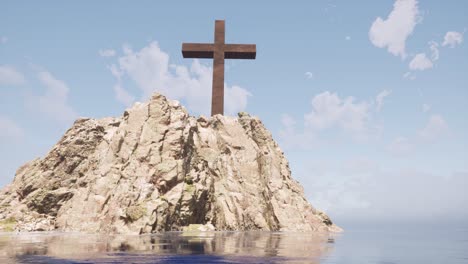 A-large-wooden-cross-standing-upon-a-large-cliff-in-the-middle-of-the-sea,-with-seagulls-flying-above-it,-3D-animation-with-camera-dolly-right-around-it
