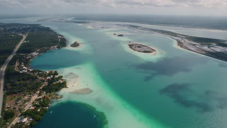 Aerial:-The-ocean-town-of-Bacalar,-Mexico
