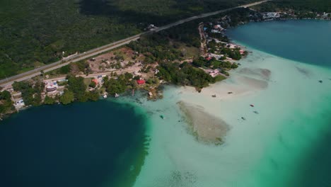 Aerial:-white-sand-beaches-in-Bacalar,-Mexico