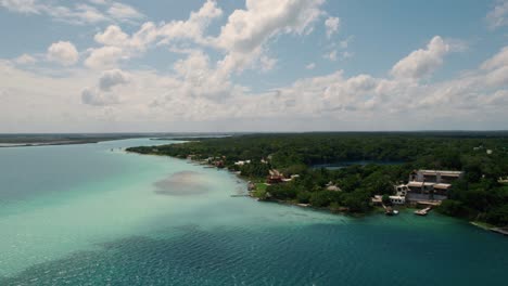 Aerial-over-the-Cenote-Azul-in-Bacalar,-Mexico