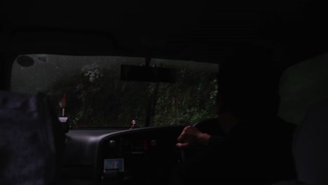 Taxi-over-the-mystic-mountain-of-Yakushima,-Ghibli-style