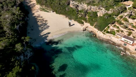 Top-down-view-of-Cala-Llombards-beach-on-Mallorca,-Spain