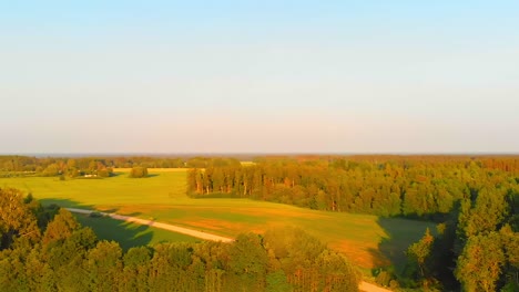 Golden-hour-warm-landscape-in-Northern-Europe-forest-park,-aerial-view,-circling