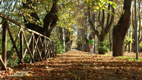 beautiful-young-girl-slowly-approaches-walking-in-the-colorful-tree-lined-avenue-on-a-worm-autumn-morning
