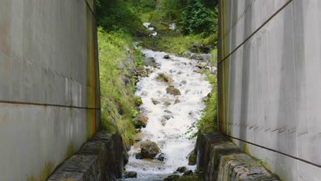 Scenic-shot-of-a-small-creek-with-stones-flowing-through-woods-with-a-concrete-dam-structure-around