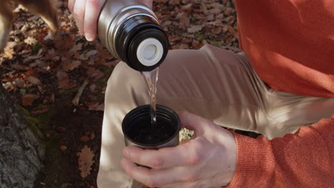 Tourist-pouring-hot-tea-from-thermos-into-cup,-forest-autumn-leaves-in-background,-close-up-view