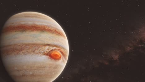 Jupiter---Dreht-Sich-Langsam,-Während-Der-Kameraschwenk-Den-Hintergrund-Der-Milchstraße-Enthüllt---Weltraumanimationsclip-4k