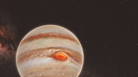 Jupiter-Schnelles-Zoomen-Weit-Bis-Nahansicht-Eines-Großen-Roten-Augensturms-Mit-Milchstraßengalaxie-Im-Hintergrund---Weltraumclip-4k