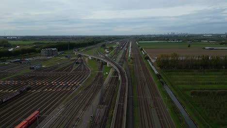 Aerial-View-Of-Empty-Railway-Train-Tracks-At-Kijfhoek-Hump-Yard