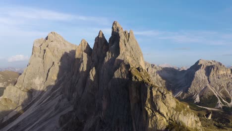 Drone-Flying-Over-Famous-Rocky-Ridge-at-Seceda-Mountain-in-Italy