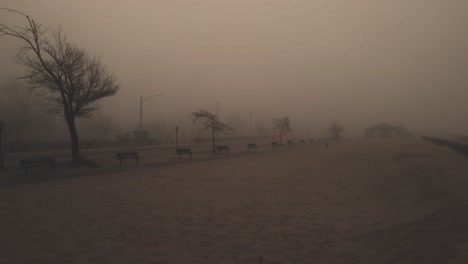 Ein-Warmer-Nebel,-Der-Einen-Kalten-Strandmorgen-Im-Oktober-Bedeckt