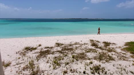 YOUNG-woman-WEAR-BIKINI-AND-BEACH-HAT-walking-Barefoot-ALONE-ALONG-SHORE-BEACH-on-white-sand