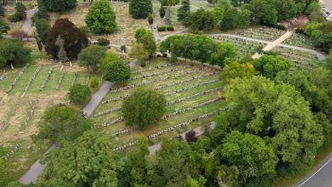 Drone-view-over-Mount-Auburn-Cemetery-in-Cambridge,-Massachusetts,-USA