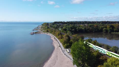 Go-Train-public-transit-commuting-on-railway-along-Lake-Ontario-waterfront-trail