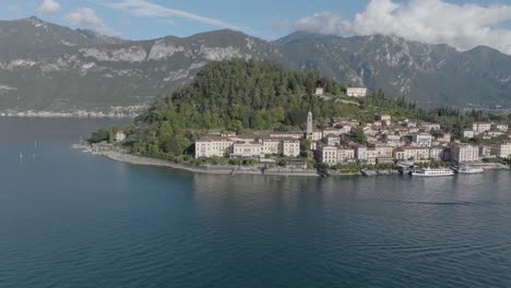 4K-Aerial---Slow-push-in-to-Hotel-in-Bellagio-Lake-Como,-Italy