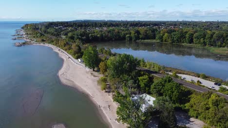 Rouge-River-environmental-habitat-meets-freshwater-Lake-Ontario-shoreline-with-beach