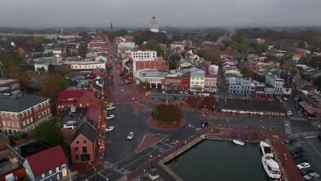 Aerial-establishing-shot-of-historic-downtown-Annapolis-Maryland-at-night