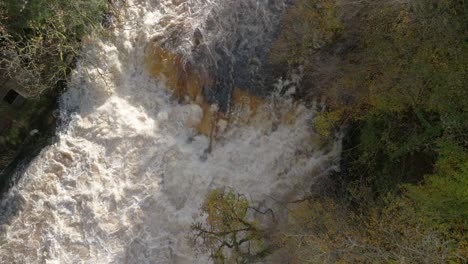 Drone-footage-directly-above-a-ranging-waterfall,-flying-over-autumn-coloured-trees-as-light-catches-the-foam-from-turbulent-river