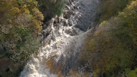 A-drone-flying-directly-above-a-ranging-waterfall-tilts-slowly-up-to-reveal-a-forest-of-autumn-coloured-trees-as-light-catches-the-foam-from-turbulent-river