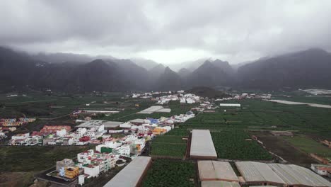 Banana-cultivation-town-with-mountain-peak-background,-Tenerife-aerial