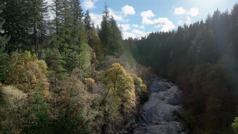 A-drone-slowly-reverses-directly-above-a-turbulent-river-and-a-series-of-cascading-waterfalls-in-a-gorge-surrounded-by-colourful-trees-in-autumn-in-the-afternoon-light