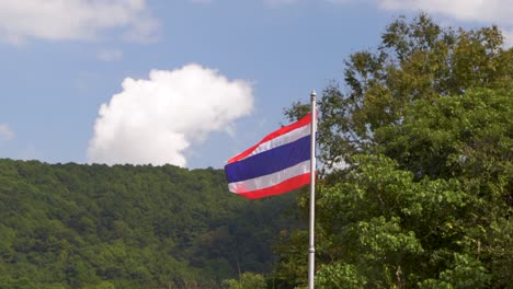 Thailändische-Flagge,-Die-In-Zeitlupe-Gegen-Blauen-Himmel-Und-Grün-In-Der-Natur-Weht