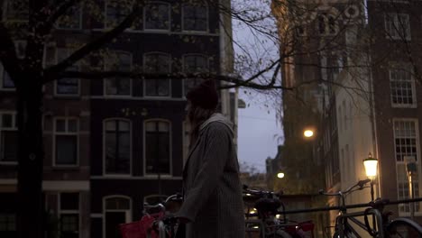 Frauensilhouette,-Die-Nachts-Allein-In-Einer-Straße-Mit-Holländischen-Häusern-Im-Hintergrund-Spazieren-Geht