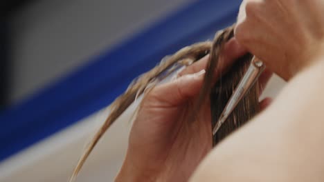 Friseur-Schneidet-Langes-Braunes-Weibliches-Haar-Mit-Einer-Schere,-Während-Sie-Haare-Kämmt