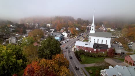 aerial-stowe-vermont,-small-town-america,-small-town-usa