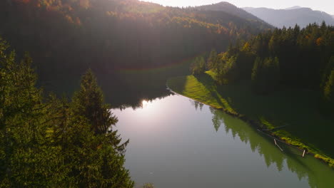 Herbstlicher-Wald-Alpenbäume-Luftbild-über-Den-Sylvensteinsee,-Der-Die-Berggipfel-Bei-Sonnenaufgang-Widerspiegelt