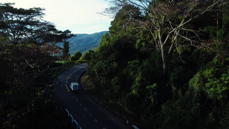 Vehicles-driving-on-curvy-jungle-road,-slow-motion-aerial-view