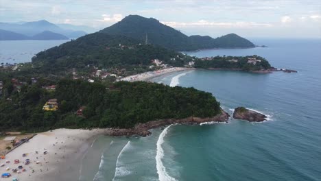 Popular-Tropical-Beach-in-Brazil-from-above,-Multiple-coastal-hilltops