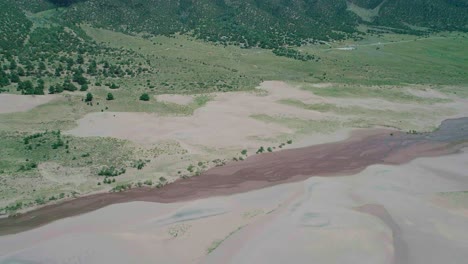 Aerial-view-of-a-red-river-separating-sand-ground-and-grassy-ground-in-Colorado