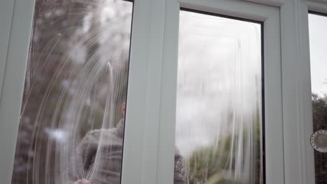 Man-washing-upvc-conservatory-double-windows-with-soap-on-a-cloth,-sky-visible