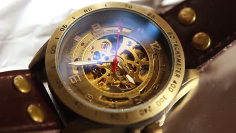 Close-up-time-lapse-of-a-mechanical-steampunk-wrist-watch