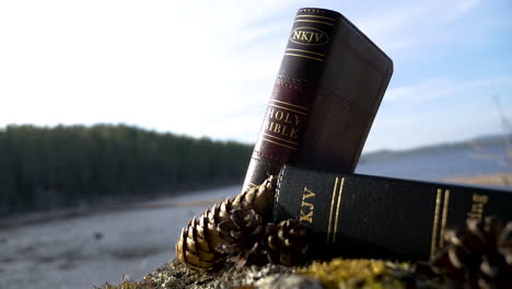 Zwei-Bibeln,-Die-Auf-Einem-Felsen-Mit-See-Dahinter-Liegen