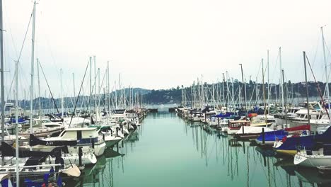 Aerial-Footage-docked-boats-in-the-Beautiful-Sausalito-City-of-San-Francisco-Bay-Area-California-USA