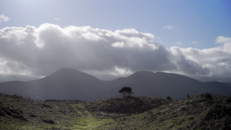 Irish-mountain-range-with-roiling-clouds,-sun-rays-and-lonely-bush,-ideal-for-walking-holiday