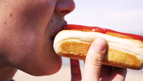 Close-up-of-girl-eating-a-sausage-with-Ketchup-at-a-lake-on-a-sunny-day