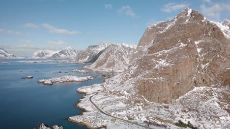 Drone-shot-of-the-Lofoten-Islands-in-Norway-during-winter