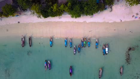 4K-AERIAL-OVERHEAD-MOVING-UP-SHOT-of-Long-boats-moored-in-beach-at-Phi-Phi-Island-bay,-Phi-Phi-Don,-Thailand