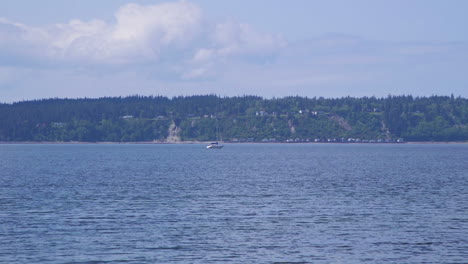 Distant-sailboat-motoring-past-beach-at-Camano-Island-State-Park,-Washington-State-5sec-60fps