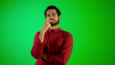Indian-guy-questing-motion-in-front-of-camera-with-green-background-,-green-screen