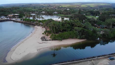 Aerial-Drone-shot-4k-Pacific-Island-Beach-and-Bridge-circulating-movement